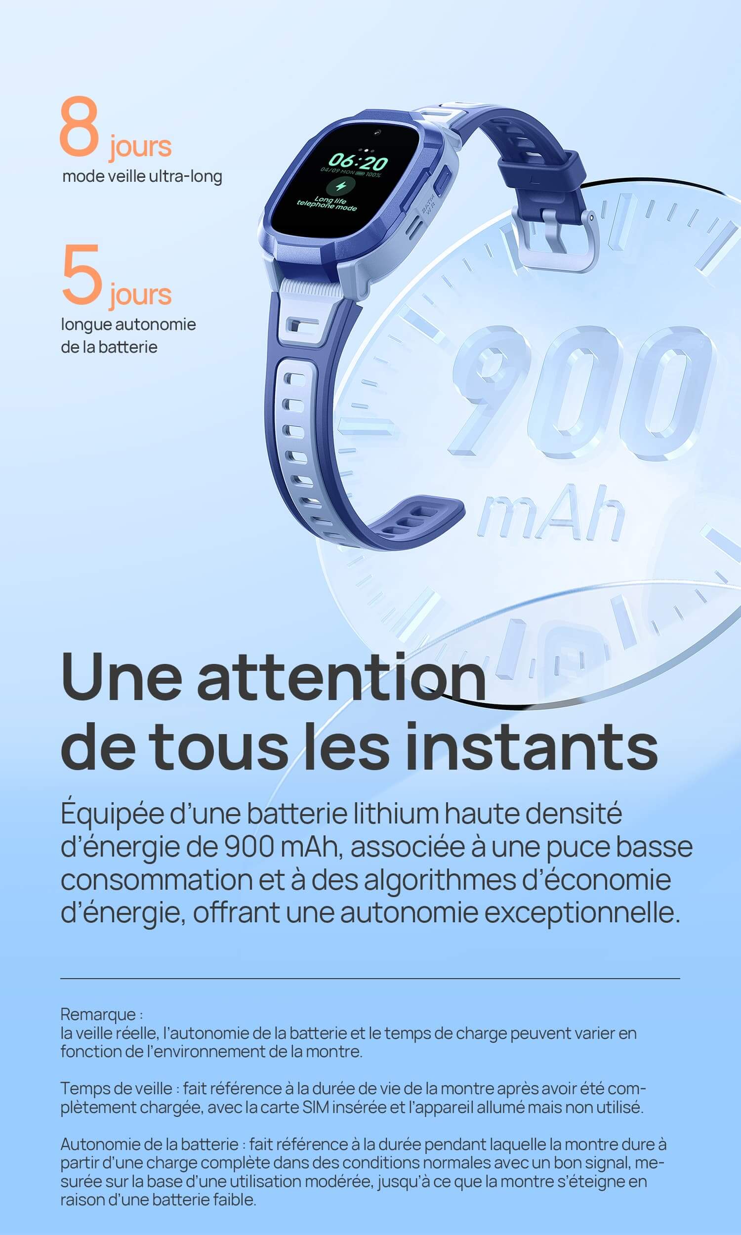  5 jours de longue autonomie de la batterie.
8 jours en mode veille ultra-long.
Une attention de tous les instants.
Équipée d’une batterie lithium haute densité d’énergie de 900 mAh, associée à une puce basse consommation et à des algorithmes d’économie d’énergie, offrant une autonomie exceptionnelle.