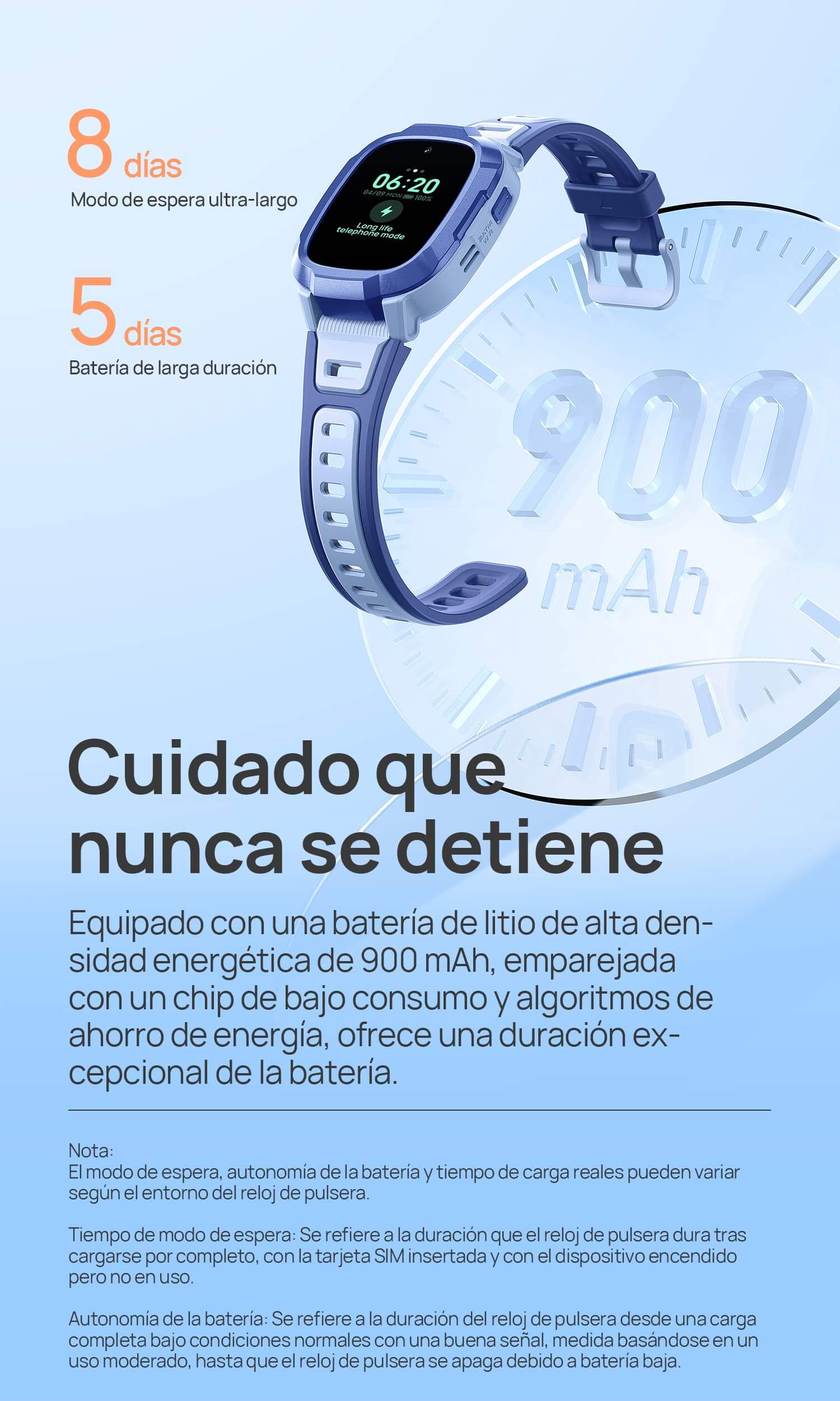 Batería de larga duración de 5 días.
Modo de espera ultra-largo de 8 días.
Cuidado que nunca se detiene.
Equipado con una batería de litio de alta densidad energética de 900 mAh, emparejada con un chip de bajo consumo y algoritmos de ahorro de energía, ofrece una duración excepcional de la batería.