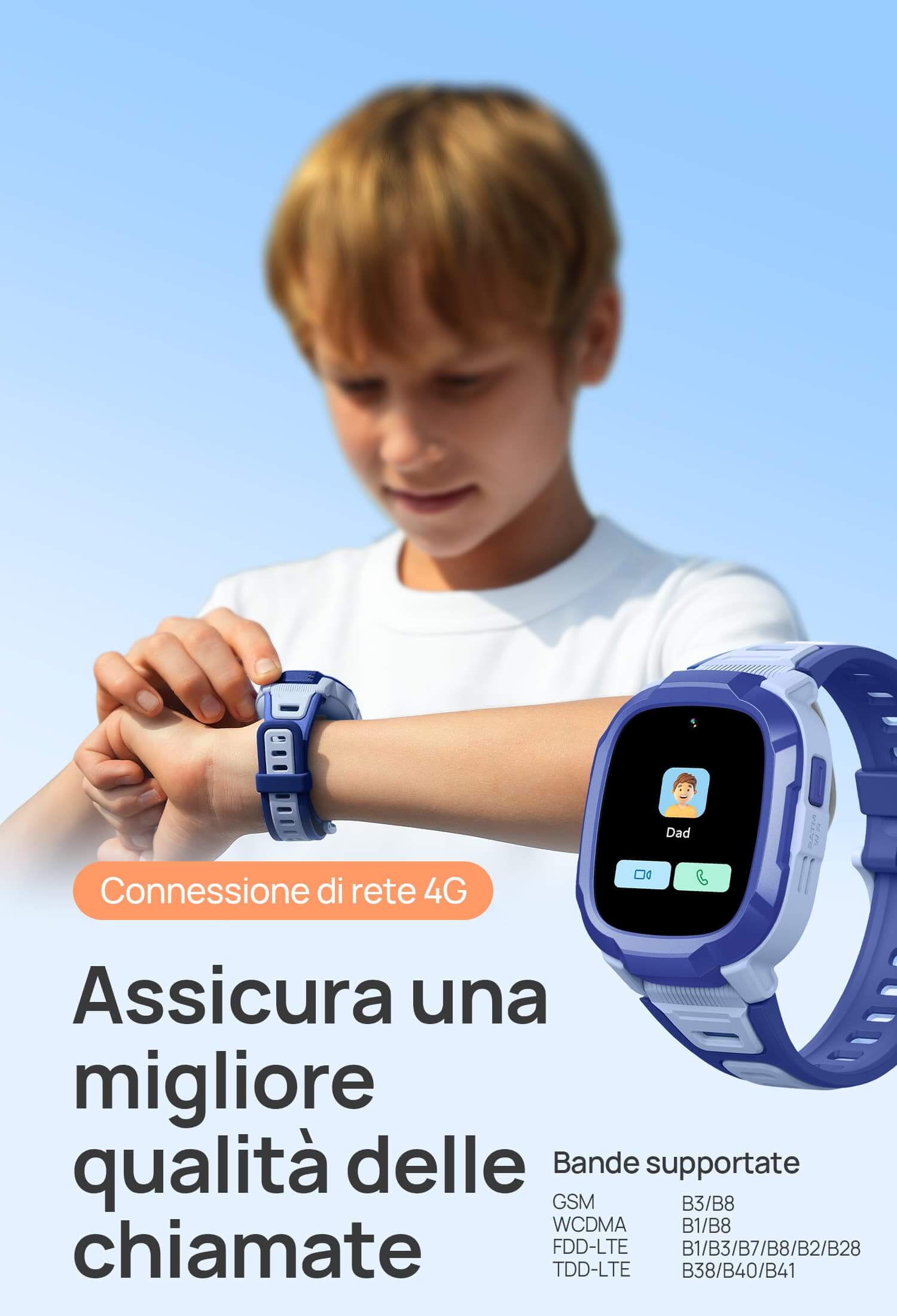 Connessione di rete 4G
Assicura una migliore qualità delle chiamate.
Bande supportate:
GSM B3/B8
WCDMA B1/B8
FDD-LTE B1/B3/B7/B8/B2/B28
TDD-LTE B38/B40/B41