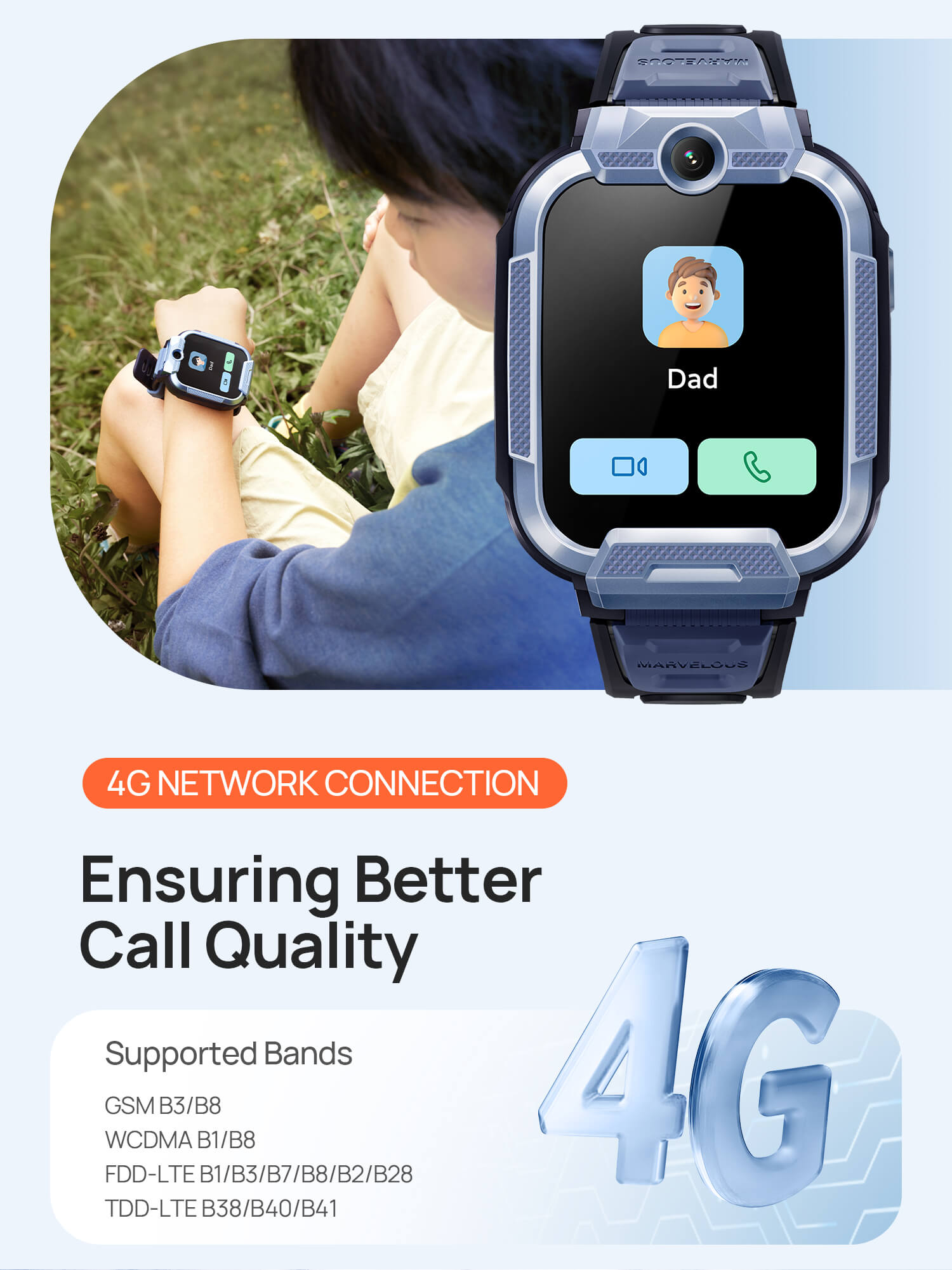 4G Network Connection
Ensuring Better Call Quality

Supported Bands:
GSM B3/B8 
WCDMA B1/B8 
FDD-LTE B1/B3/B7/B8/B2/B28
TDD-LTE B38/B40/B41