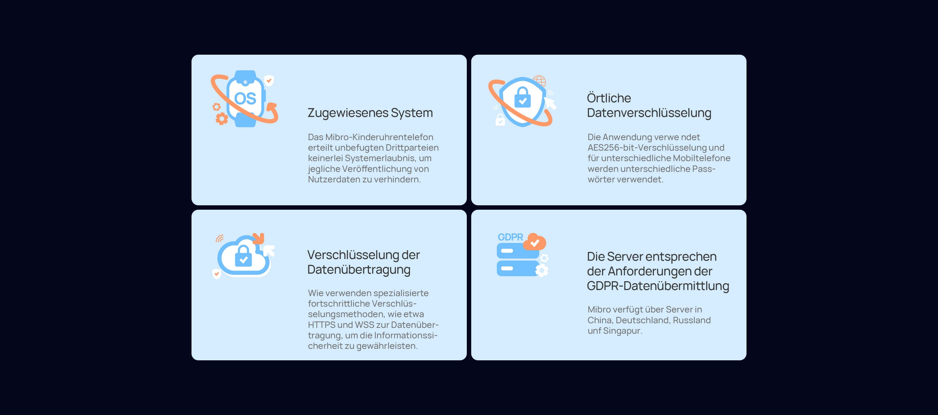 Zugewiesenes System.
Örtliche Datenverschlüsselung.
Verschlüsselung der Datenübertragung.
Die Server entsprechen der Anforderungen der GDPR-Datenübermittlung.