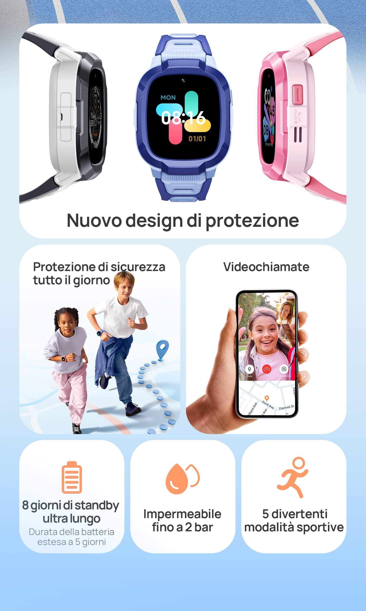 1.Protezione di sicurezza tutto il giorno, Tracciamento storico a 90 giorni.
2. 12 giorni di standby ultra lungo, Durata della batteria estesa a 5 giorni.
3. Impermeabile fino a 2 bar
4. Videochiamate
5. Nuovo design di protezione
6. 5 divertenti modalità sportive