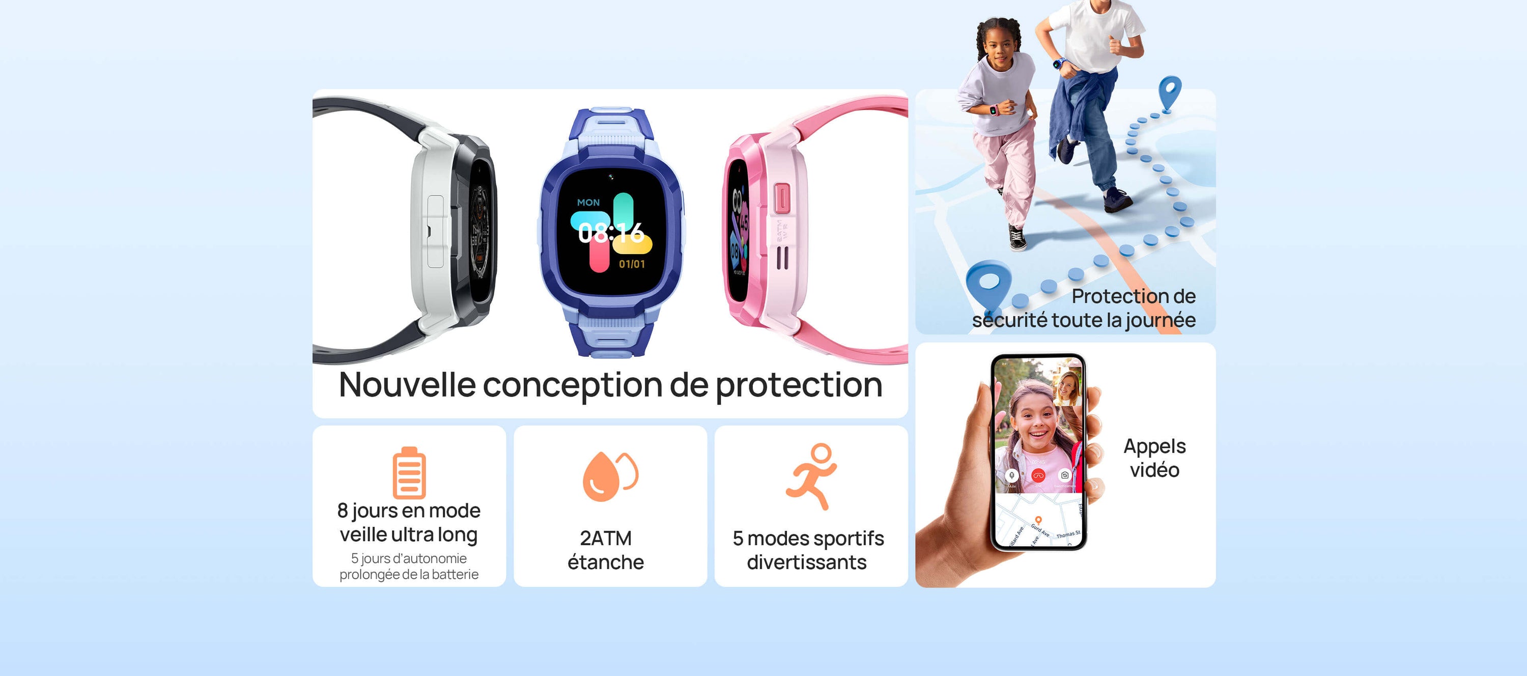 1. Protection de sécurité toute la journée, Historique de suivi sur 90 jours.
2. 12 jours en mode veille ultra long, 5 jours d’autonomie prolongée de la batterie
3. 2ATM étanche
4. Appels vidéo
5. Nouvelle conception de protection
6. 5 modes sportifs divertissants