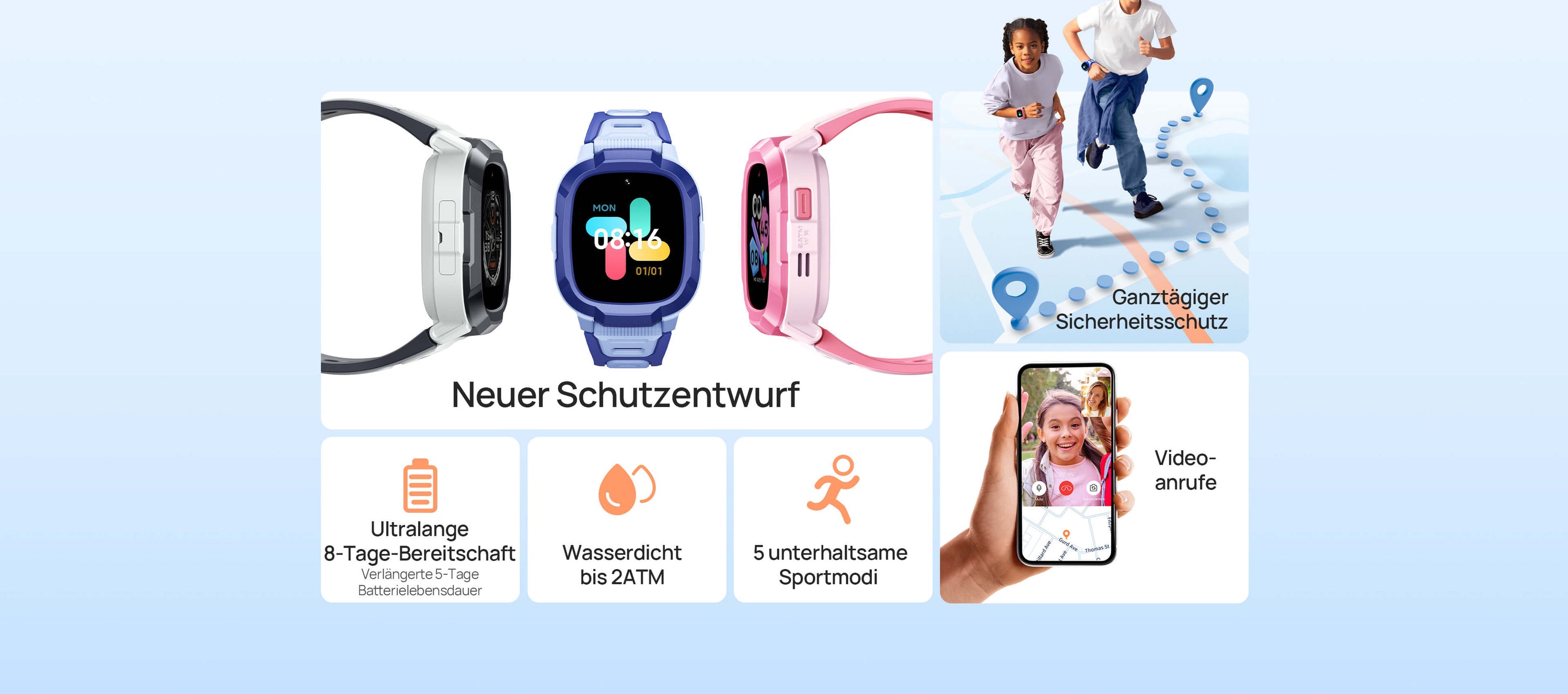 1. Ganztägiger Sicherheitsschutz, 90-Tage-Aufzeichnungsverfolgung.
2. Ultralange 12-Tage-Bereitschaft, Verlängerte 5-Tage Batterielebensdauer
3. Wasserdicht bis 2ATM	
4. Videoanrufe	
5. Neuer Schutzentwurf	
6.  5 unterhaltsame Sportmodi