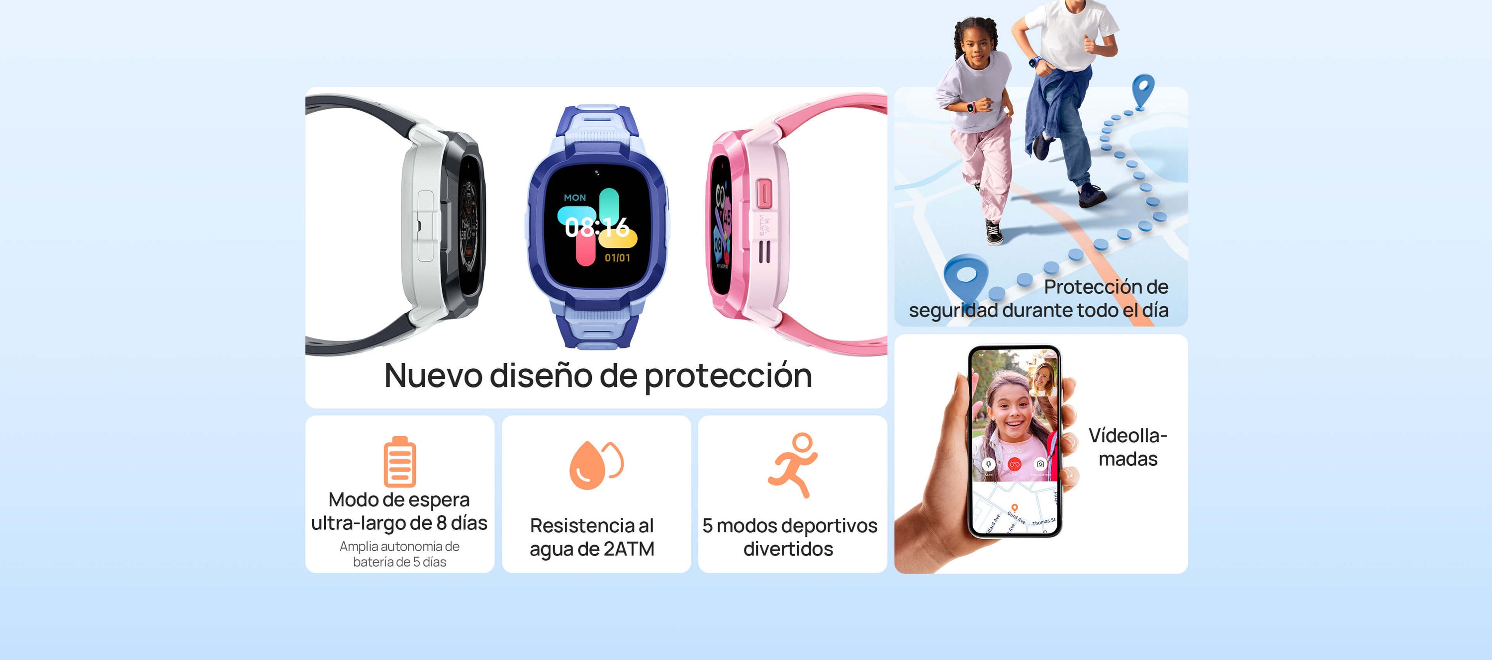 1. Protección de seguridad durante todo el día.
2. Historial de seguimiento de 90 días.
3. Modo de espera ultra-largo de 12 días.
4. Amplia autonomía de batería de 5 días.
5. Resistencia al agua de 2ATM.
6. Vídeollamadas.
7. Nuevo diseño de protección.
8. 5 modos deportivos divertidos.
