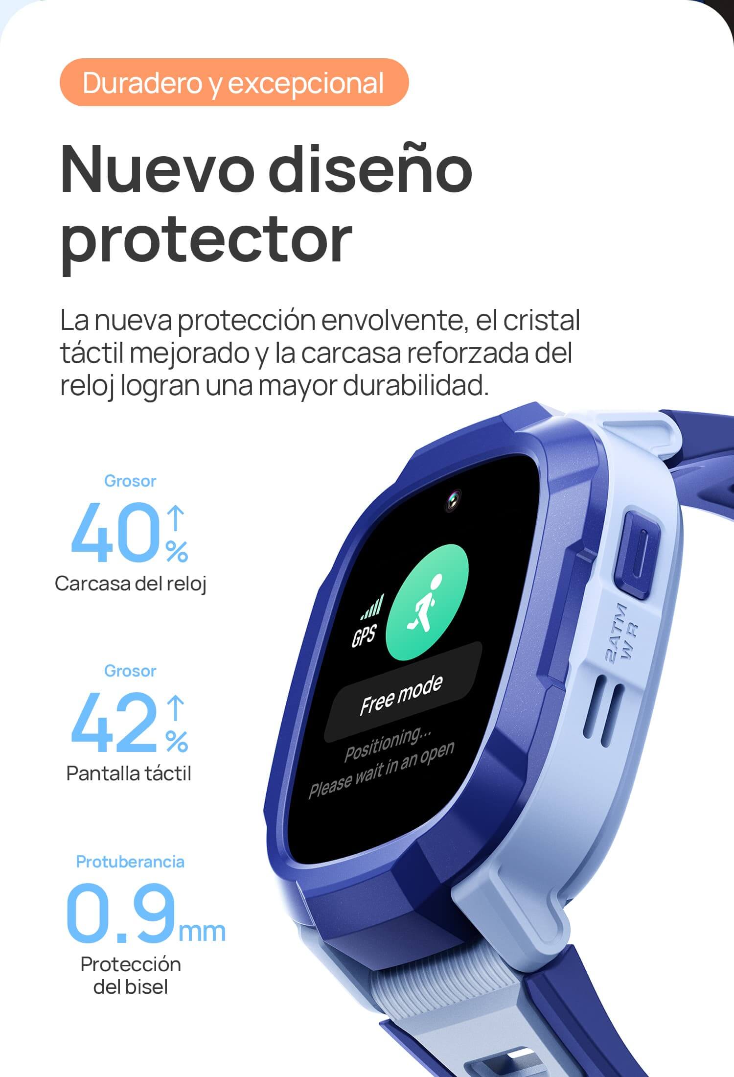 Nuevo diseño protectorDuradero y excepcional.
La nueva protección envolvente, el cristal táctil mejorado y la carcasa reforzada del reloj logran una mayor durabilidad.