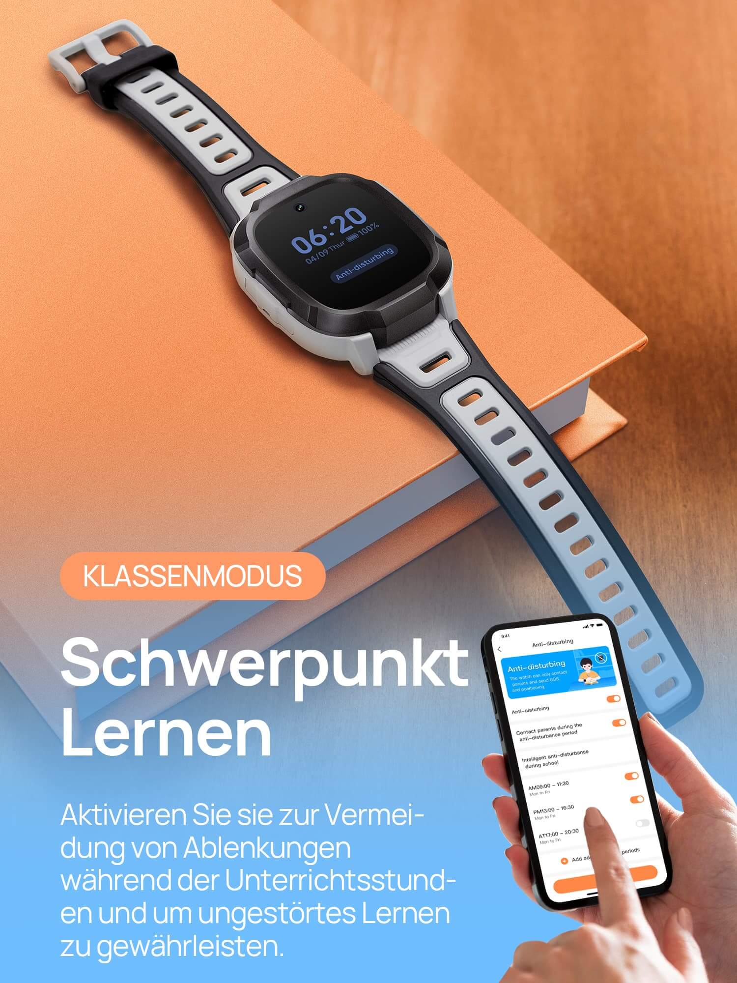 Klassenmodus.
Schwerpunkt Lernen.
Aktivieren Sie sie zur Vermeidung von Ablenkungen während der Unterrichtsstunden und um ungestörtes Lernen zu gewährleisten.