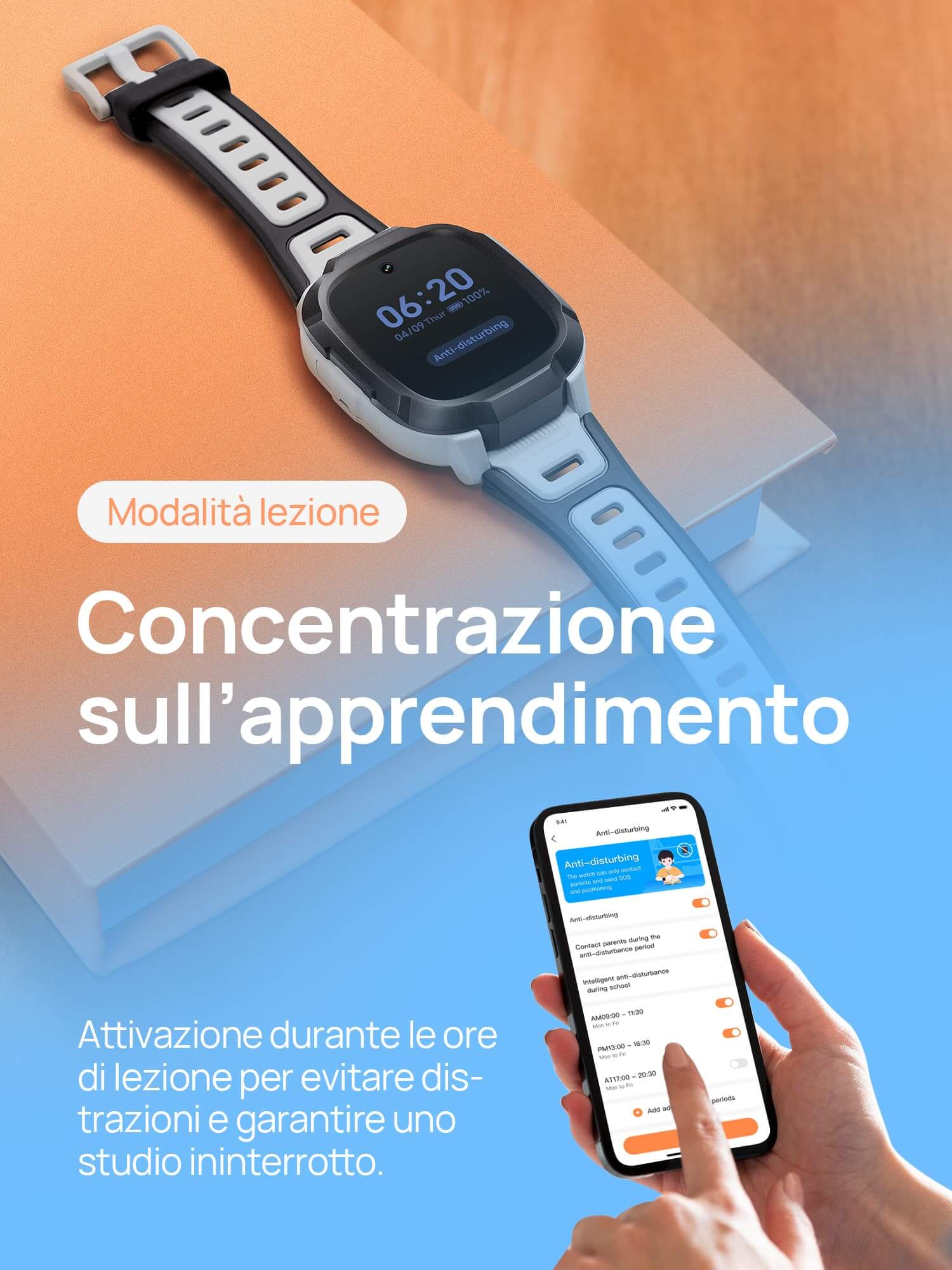 Modalità lezione.
Concentrazione sull’apprendimento.
Attivazione durante le ore di lezione per evitare distrazioni e garantire uno studio ininterrotto.