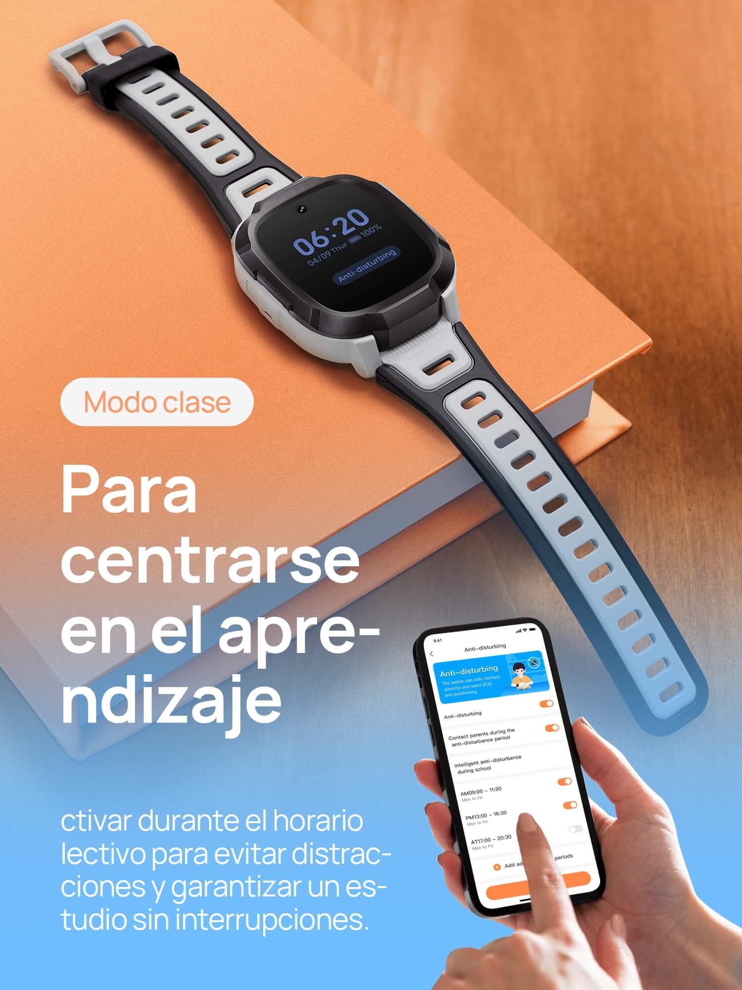 Modo clase
Para centrarse en el aprendizaje.
Activar durante el horario lectivo para evitar distracciones y garantizar un estudio sin interrupciones.