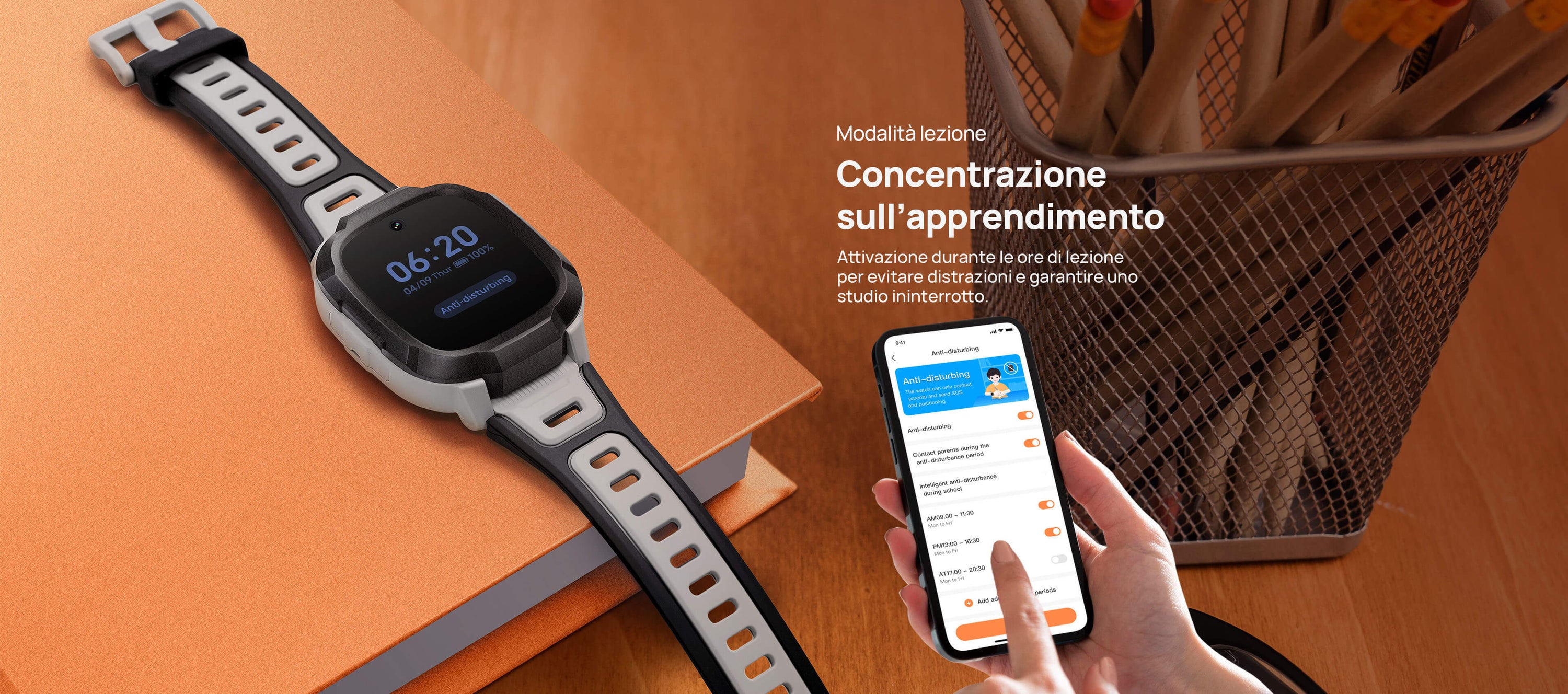 Modalità lezione.
Concentrazione sull’apprendimento.
Attivazione durante le ore di lezione per evitare distrazioni e garantire uno studio ininterrotto.