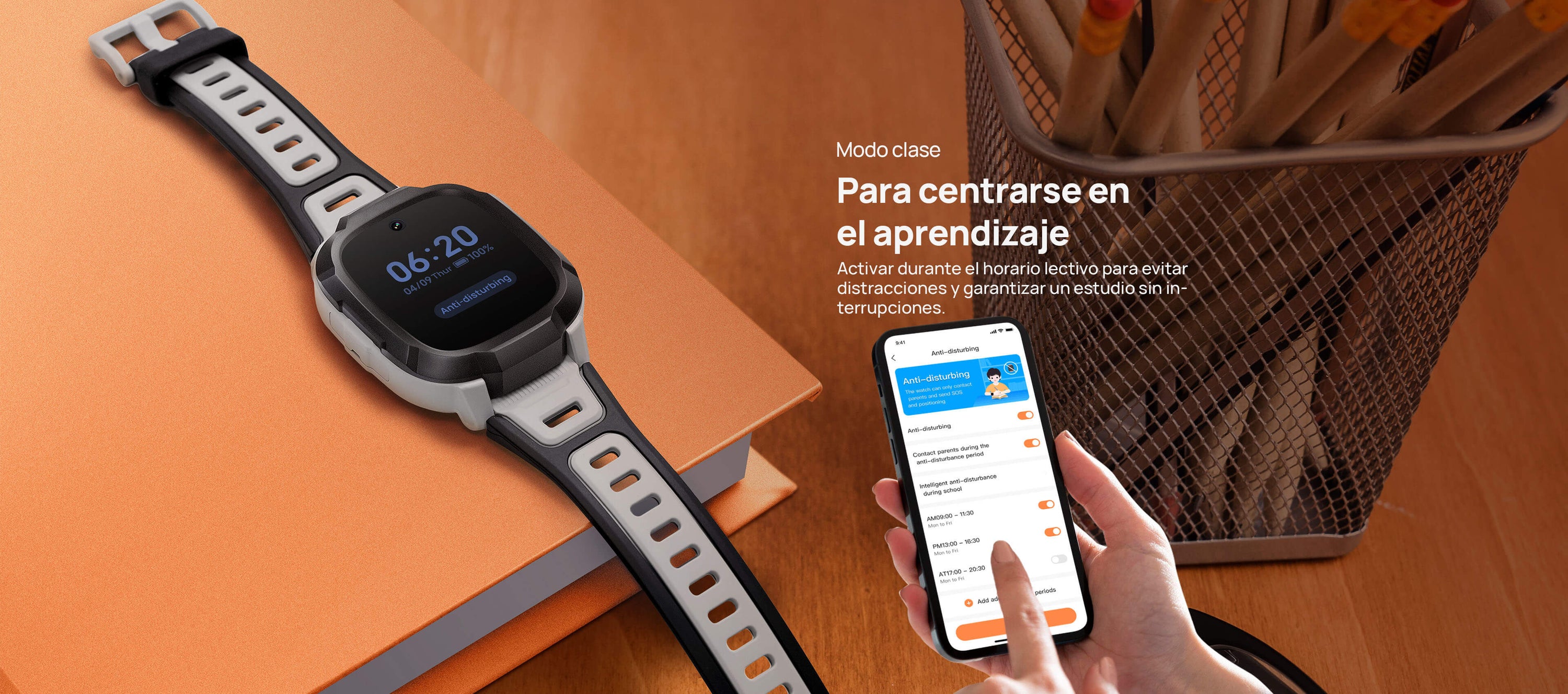 Modo clase
Para centrarse en el aprendizaje.
Activar durante el horario lectivo para evitar distracciones y garantizar un estudio sin interrupciones.