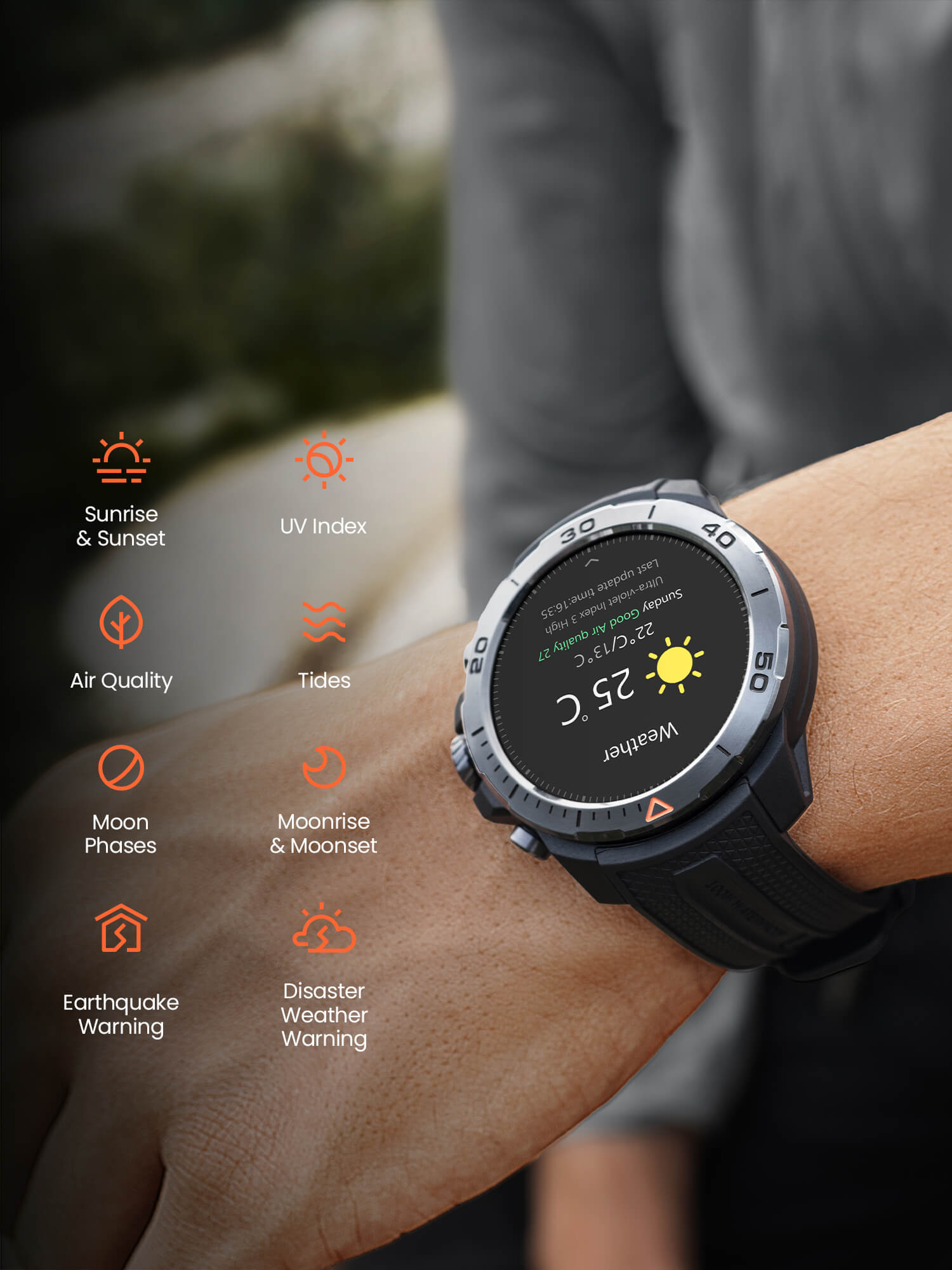 Wrist Weather Station
Provide you with professional weather information service.
Air Quality, UV Index, Sunrise and Sunset, Moonrise and Moonset, Moon Phases, Tides, Earthquake Warning, Disaster Weather Warning