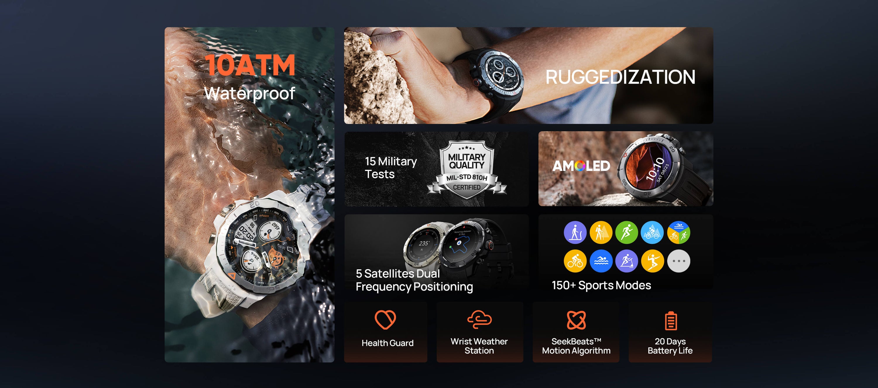 Details:
Ruggedization | 15 Military Tests | 10ATM Waterproof | AMOLED Display | 5 Satellites Dual Frequency Positioning | 150+ Sports Modes | SeekBeats™ Motion Algorithm | Wrist Weather Station | Health Guard | 20 Days Powerful Battery Life